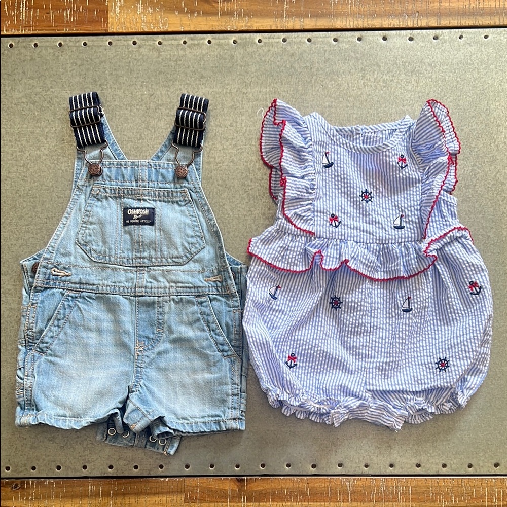 OshKosh B'gosh Denim Overalls and Striped Romper Set
